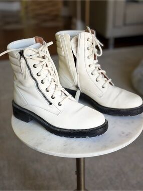 Aquatalia Cream Lace-Up Side-Zip Combat Boots